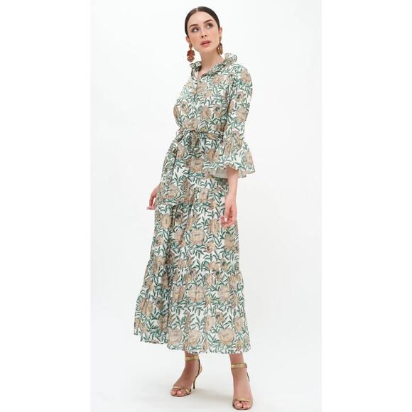 Oliphant Ruffle Collar Bell Maxi Dress in Hedera Green size L large - Picture 1 of 5